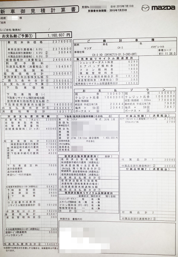 マツダ新型CX-3　見積り書