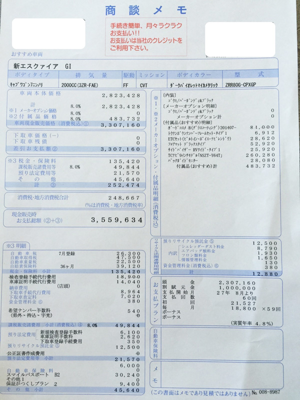 トヨタ新型エスクァイア 見積り書