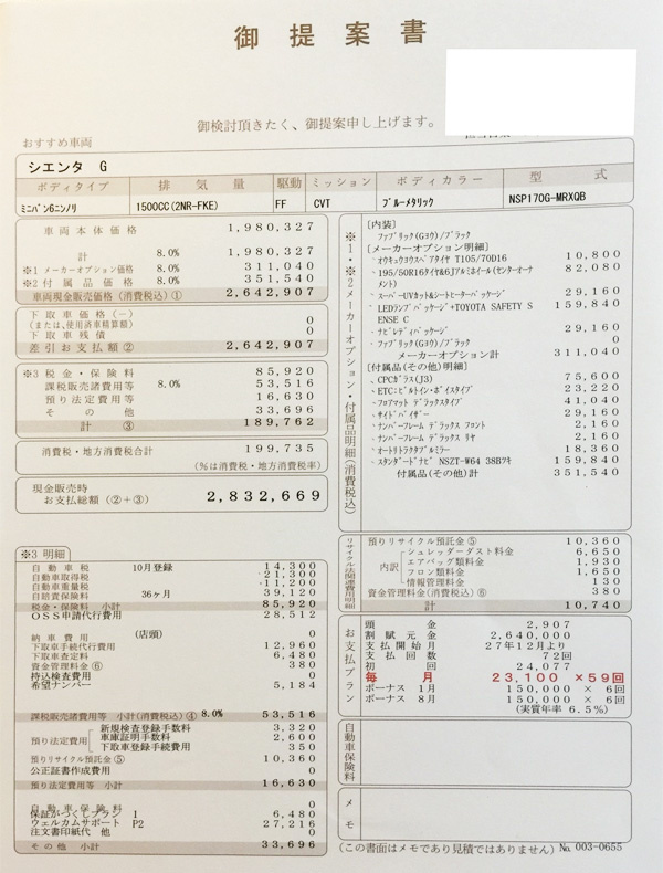 トヨタ新型シエンタ　ガソリン車G見積り書