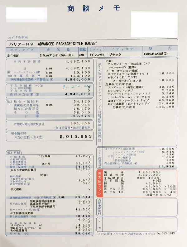 トヨタ・ハリアー　見積りＨＹＢＲＩＤＰＲＥＭＩＵＭ　Ａｄｖａｎｃｅｄ　Ｐａｃｋａｇｅ