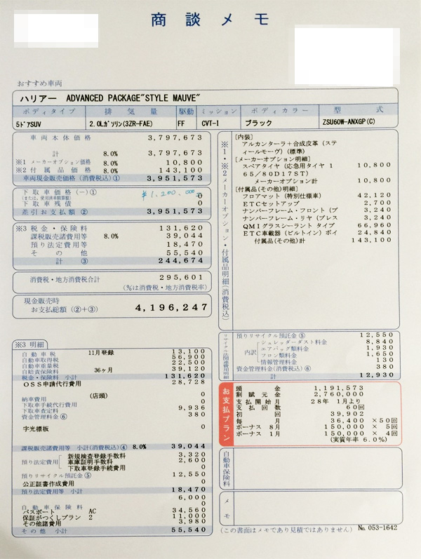 トヨタ・ハリアー　見積りＰＲＥＭＩＵＭ　Ａｄｖａｎｃｅｄ　Ｐａｃｋａｇｅ