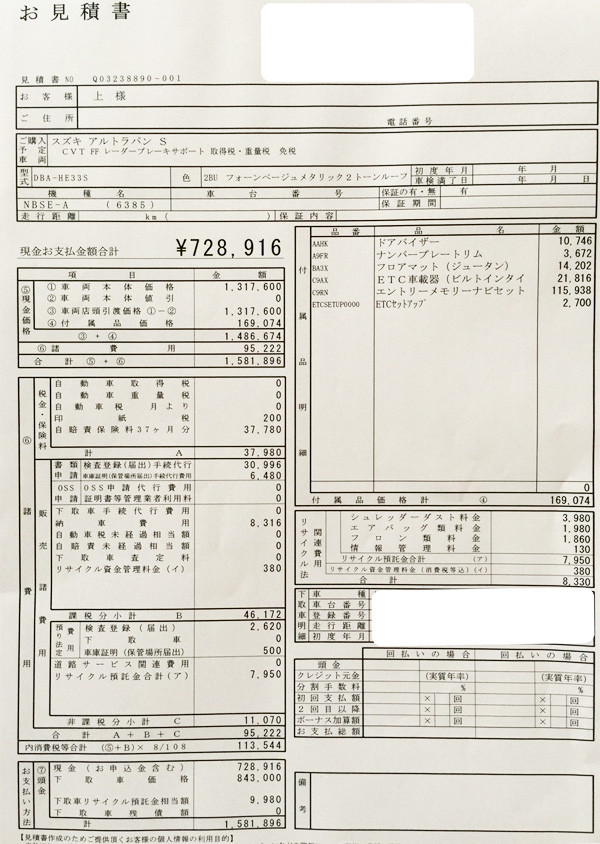 スズキ新型ラパン　Sグレード見積り書