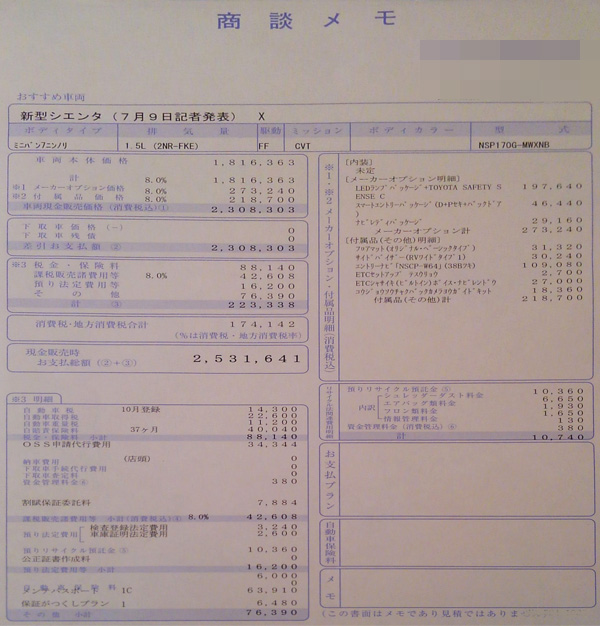 トヨタ新型シエンタ　ガソリン車Ｘグレード見積り書