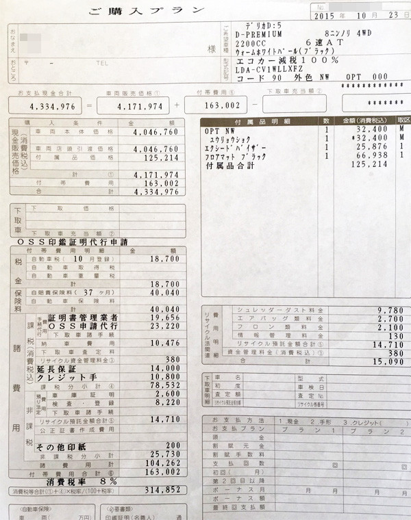 デリカ D:5クリーンディーゼル車 D-Premium （8人乗り）　見積り書