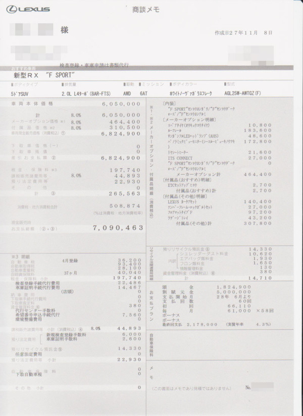 新型レクサスRX200t F SPORTの見積書