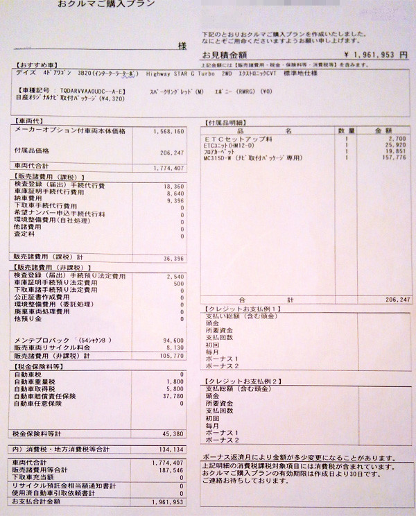 日産・デイズ　ハイウェイスター G ターボ　見積り書