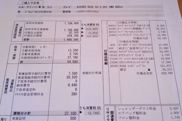 ダイハツ・タントカスタム　RS SAII　見積書オプション明細