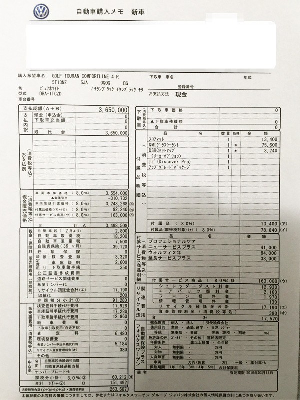 フォルクスワーゲン・ゴルフ トゥーラン　TSI Comfortline（コンフォートライン）　見積書