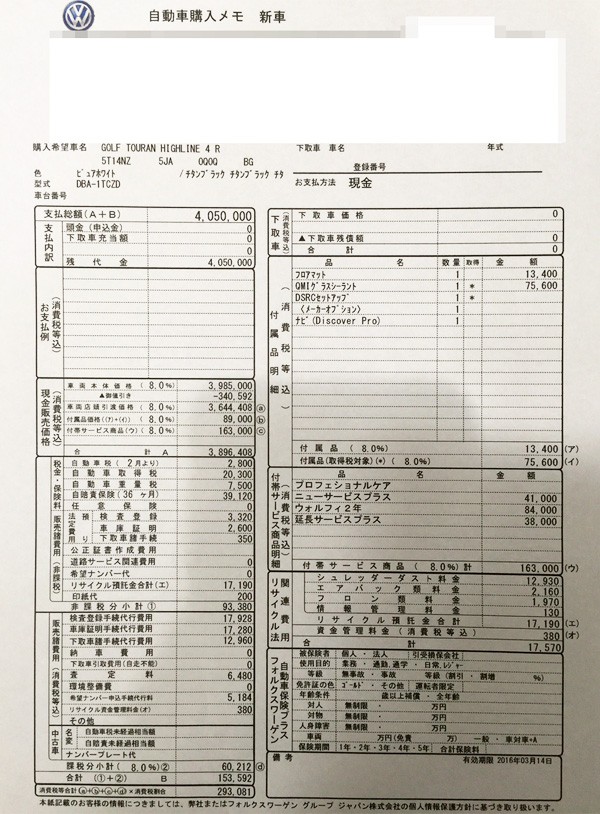 フォルクスワーゲン・ゴルフ トゥーラン　TSI Highline（ハイライン）　見積書