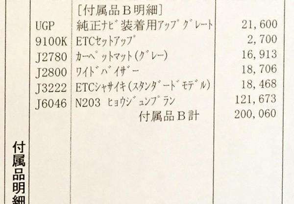 ダイハツ・ウェイク「G」　見積書　オプション明細