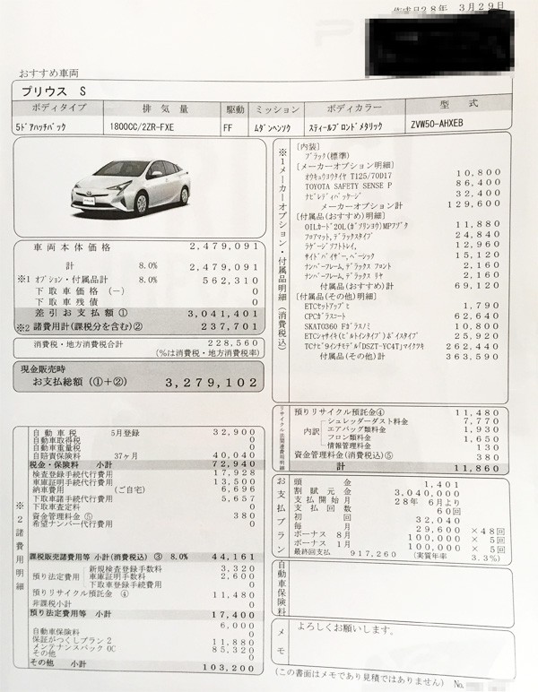 トヨタ・新型プリウス　「S」見積書