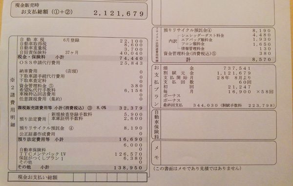 トヨタ・パッソMODA　S　見積り書　諸費用明細