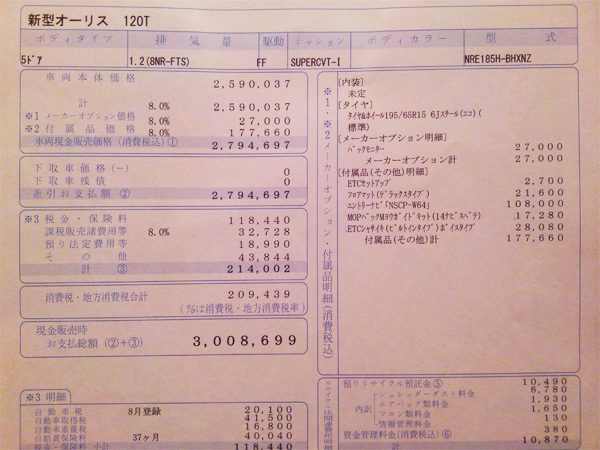 トヨタ・オーリス　120T　見積書