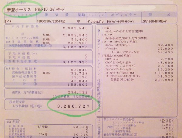 トヨタ・オーリス　ハイブリッドGパッケージ　見積書