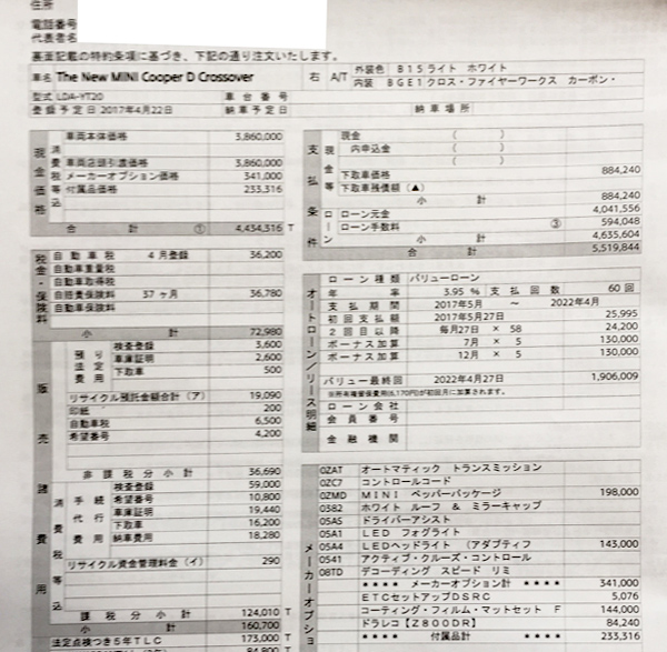 MINI Cooper D Crossover　新車注文書